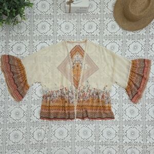 Altar'd State Cream Floral Boho Kimono with Mustard & Rust Accents Size M